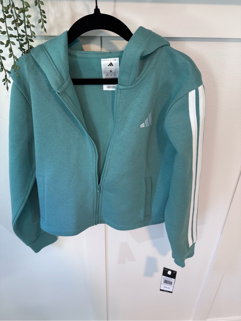 adidas Teal Zip Hoodie with White Sleeve Stripes